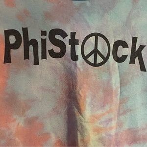 Alpha Epsilon Phi 09’ sorority tee, tie dye SZ S,distressed “PHISTOCK” no collar